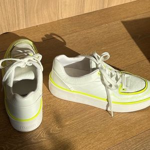 Schutz Kira Platform Sneakers, White w/ Neon Trim, Size 8.5